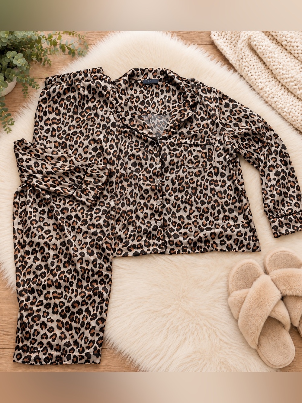 LOFT Sleep Leopard Print Satin Pajama Set Women’s XL Button Front Animal Print